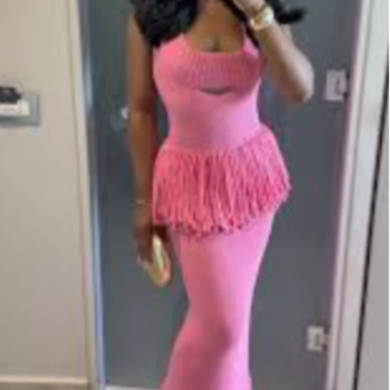 Women's Sexy See-Through Knitted Maxi Dress | Hollow Out Deep-V Tassel Hem Party Gown