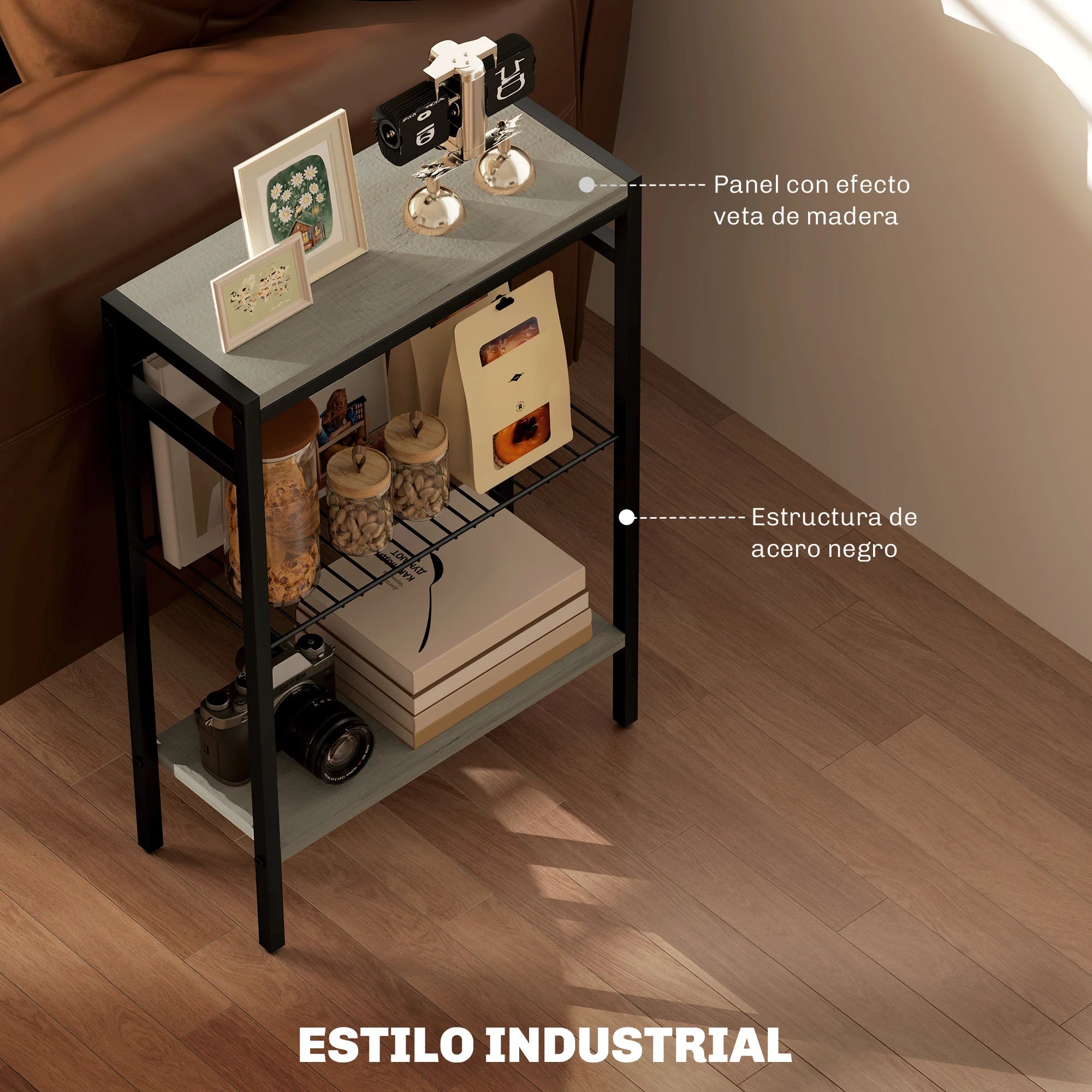 Homcom Narrow Side Table with 3 Levels with Open Shelves and Steel Structure for Living Room Bedroom 43X18X62.5Cm
