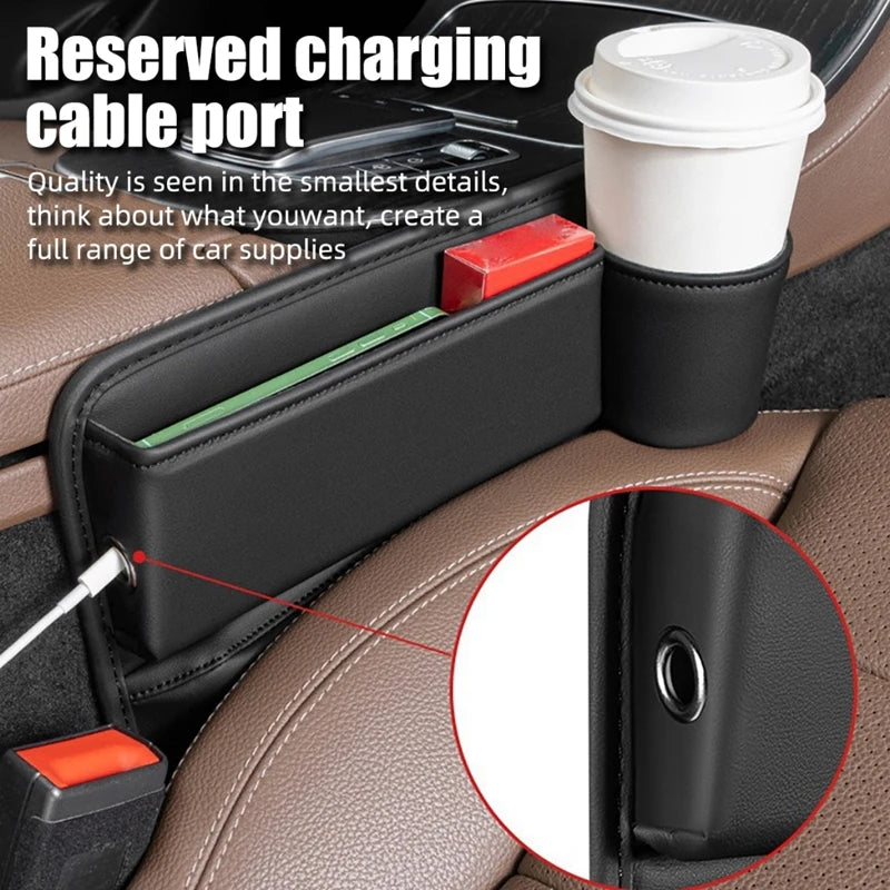 Car organizer with charging cable port and cup holder on a car seat.