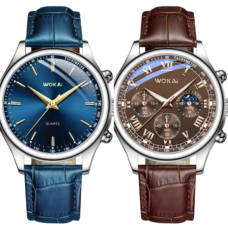 Men's Moon Phase Chronograph Quartz Watch | Luminous Leather Strap Luxury Sport Wristwatch