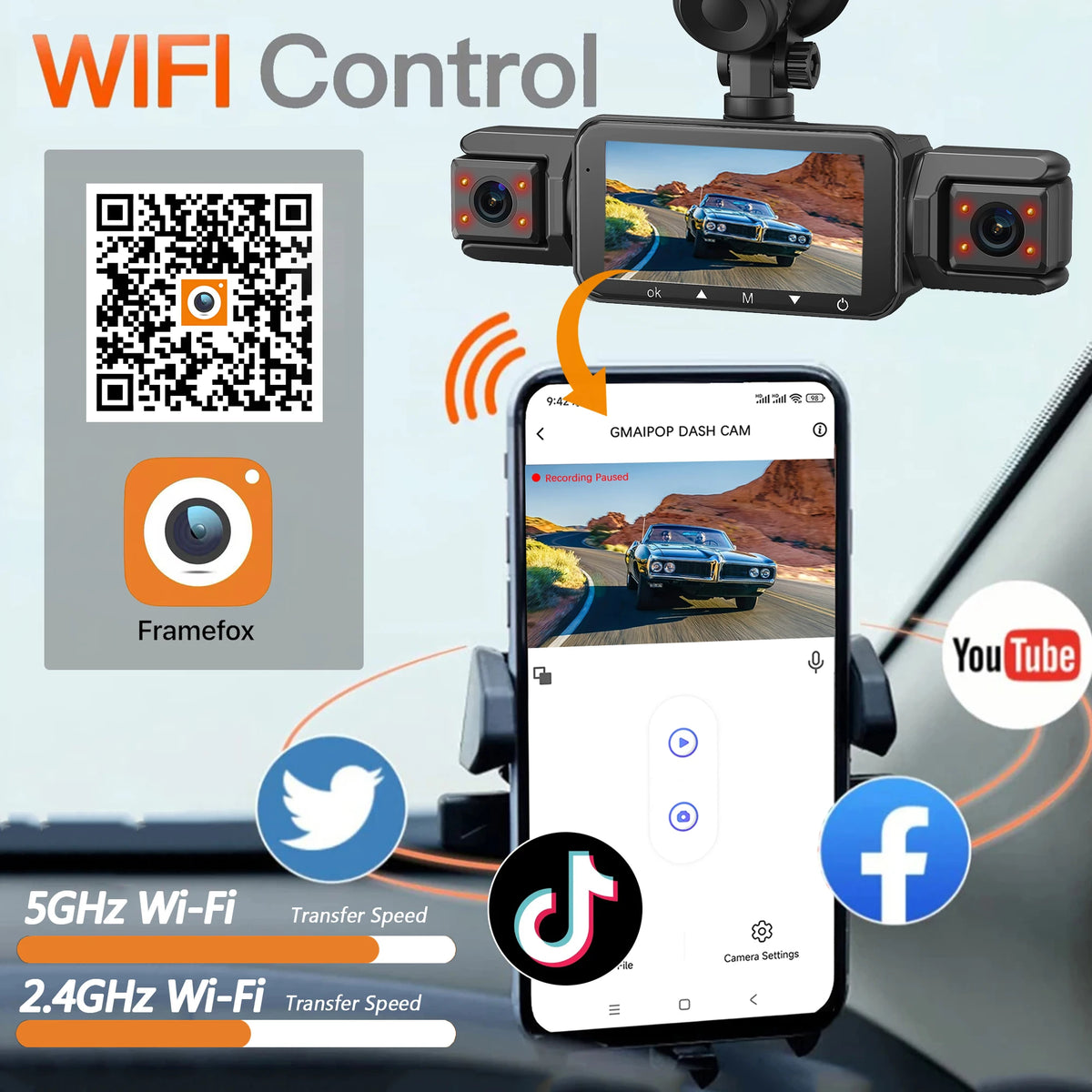 4-Channel WiFi Dashcam – FHD 1080P, Night Vision, Loop Recording, Parking Monitor | Front + Rear + Side