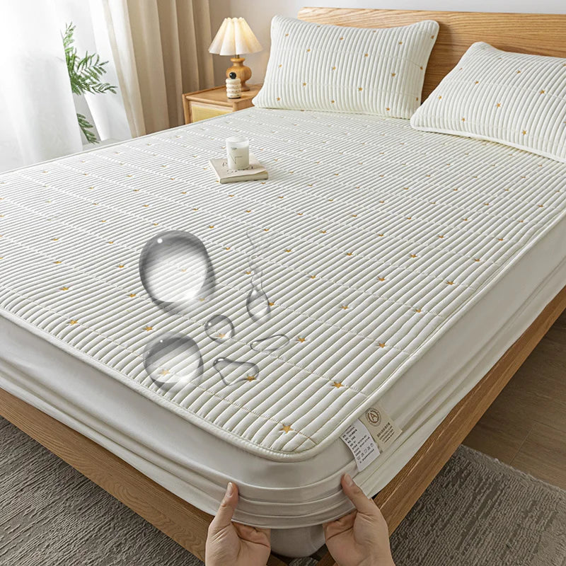 Waterproof Thickened Mattress Pad Protector – Embroidered Breathable Fitted Bed Cover, 140–180x200cm