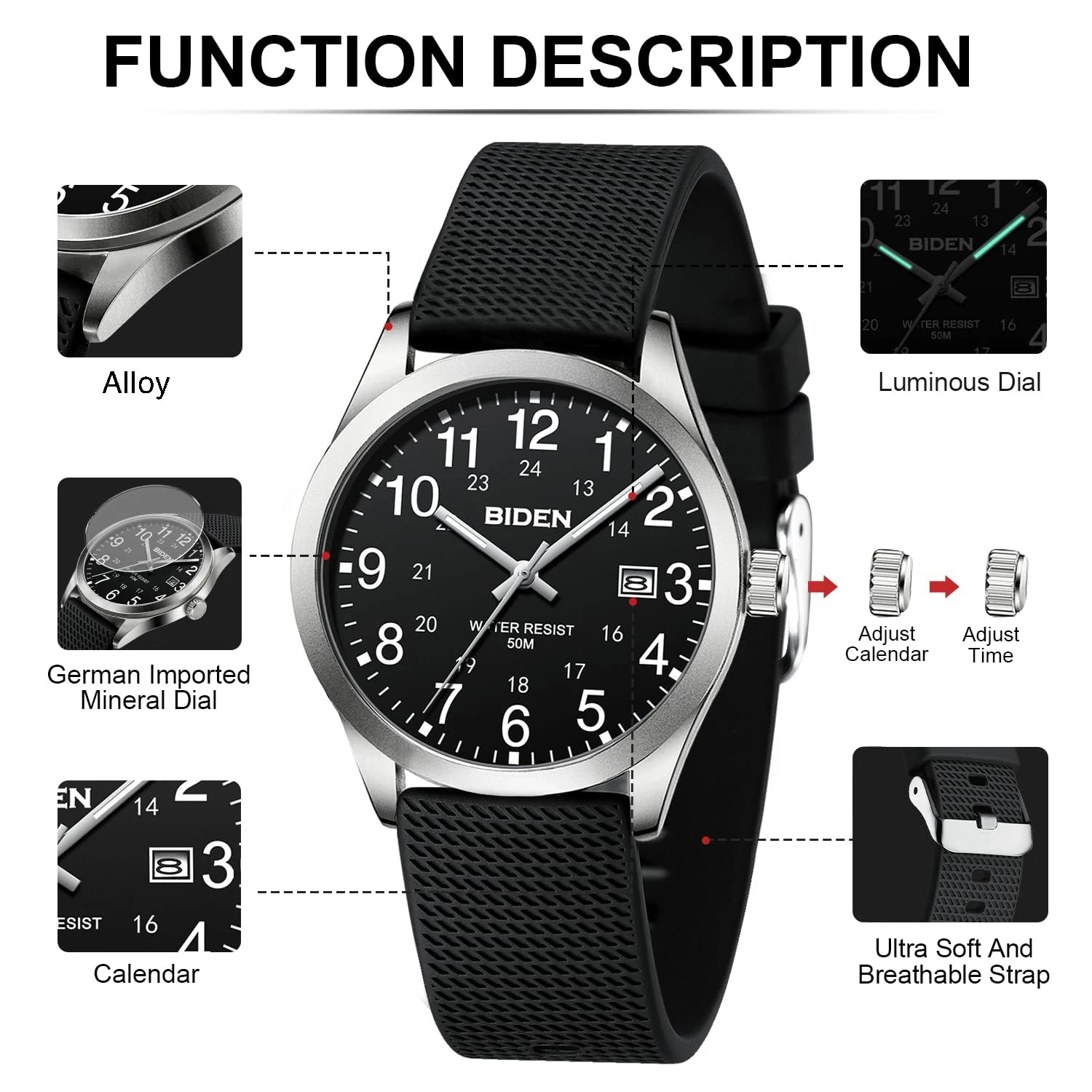 BIDEN Men's Waterproof Luminous Quartz Sports Watch