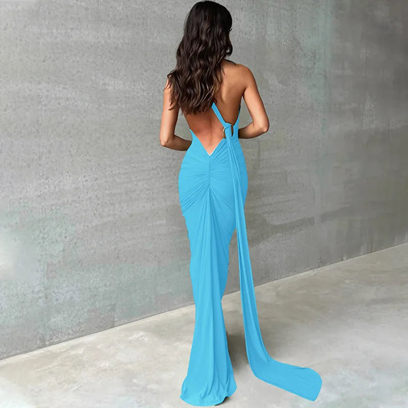 Backless Ruched Slim Bodycon Maxi Dress — Elegant Formal Wedding Guest Evening Dress