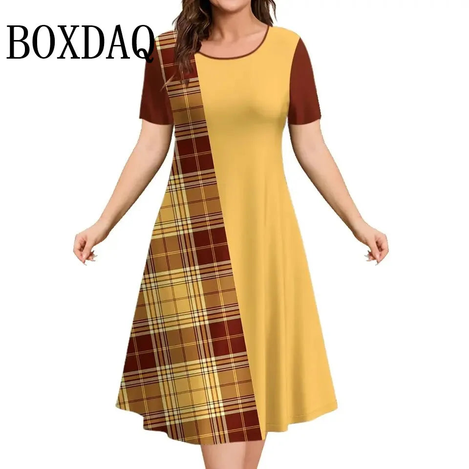 Contrast Stripe O-Neck Short Sleeve Plus Size Mini Dress — Casual Elegant Fashion Dress