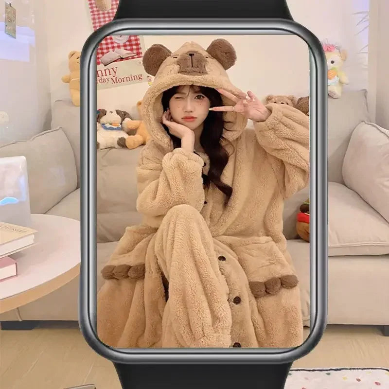 Women's Kawaii Coral Velvet Hooded Pajamas | Thickened Flannel Casual Homewear Suit