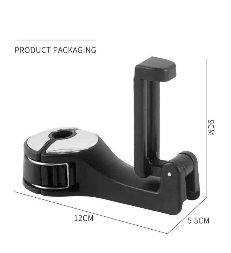 Black and silver phone mount with dimensions on a white background