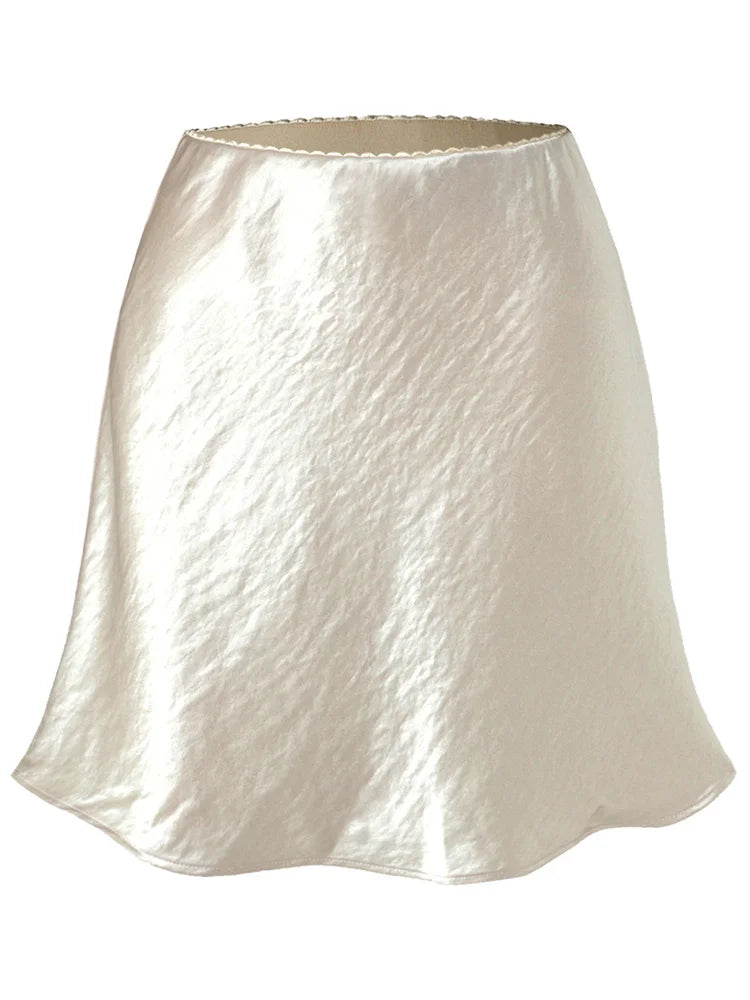 Women's Satin Mini Skirt – High Waist A-Line Luxury Office Wear in Black, Brown & Beige