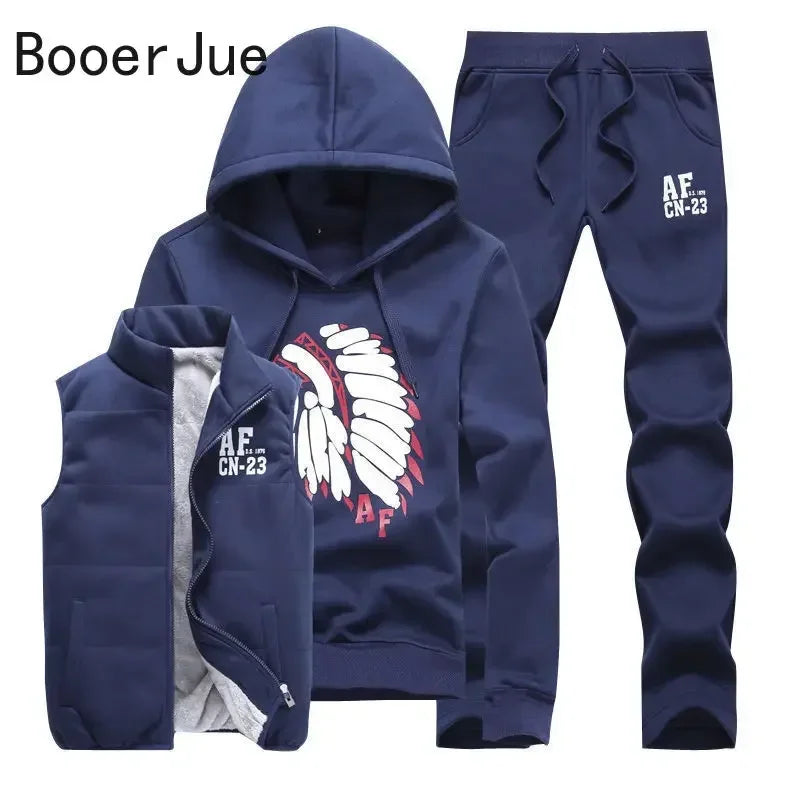 Men's 3-Piece Winter Tracksuit – Hoodie, Vest & Pants Thick Warm Set