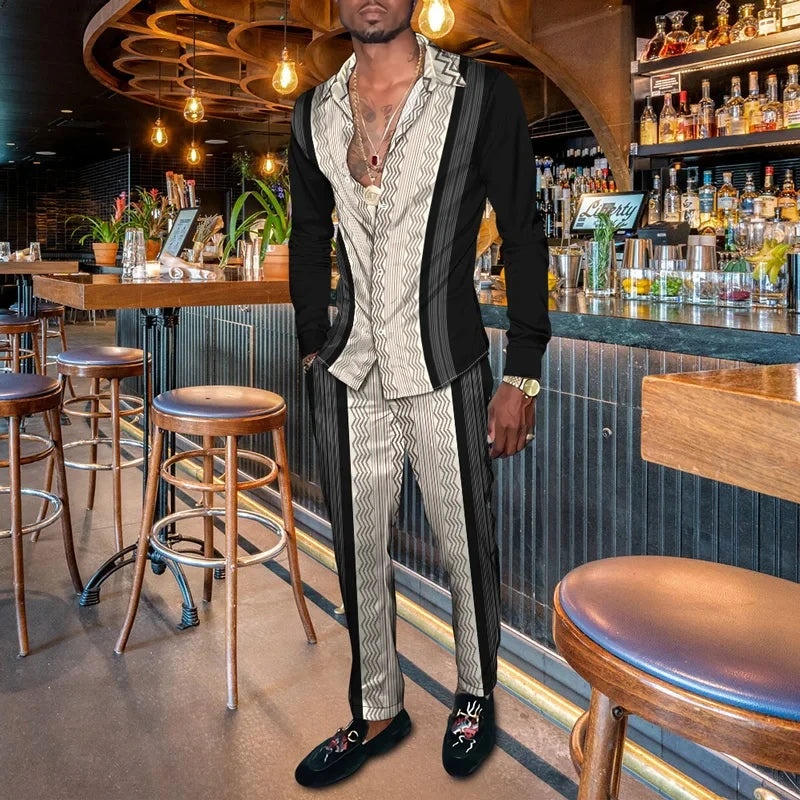 Men's 3D Retro Harajuku Print Long Sleeve Lapel Shirt & Long Pants 2-Piece Set