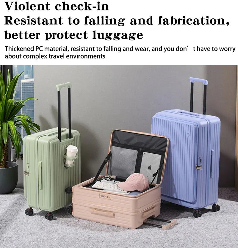 Expandable Front-Opening Suitcase – Cup Holder & Spinner Wheels