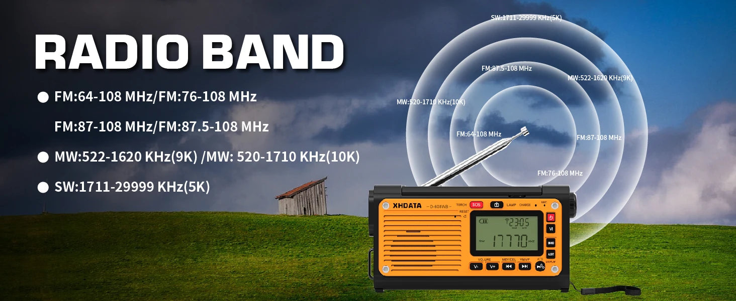XHDATA D-608WB Emergency Crank Weather Radio — NOAA, Solar & Hand Crank Powered