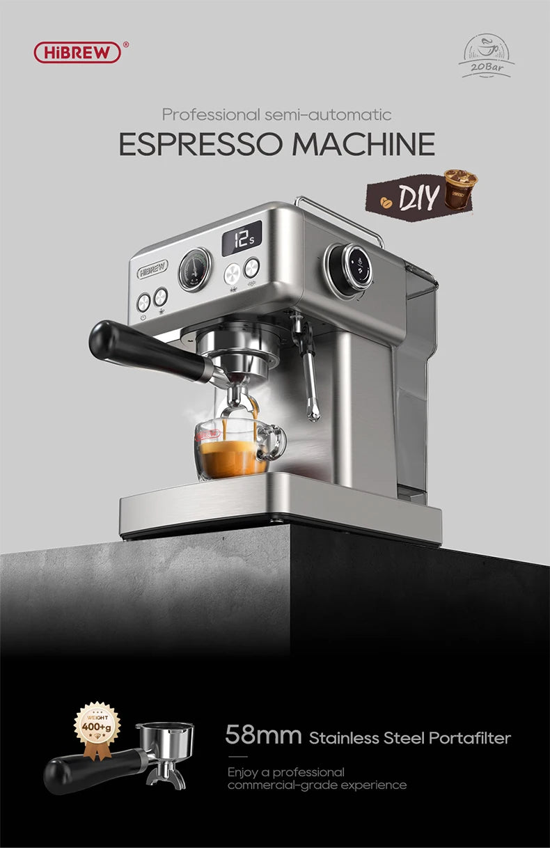 HiBREW H10A 20-Bar Semi-Automatic Espresso Machine | 58mm Portafilter, Temperature Control, Stainless Steel