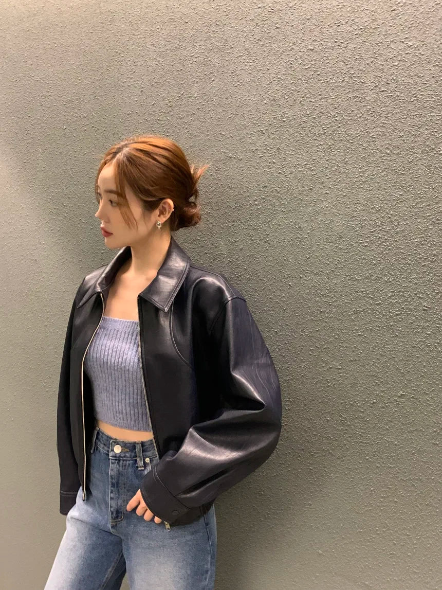 Women's Cropped Faux Leather Jacket – Lapel Zip Front