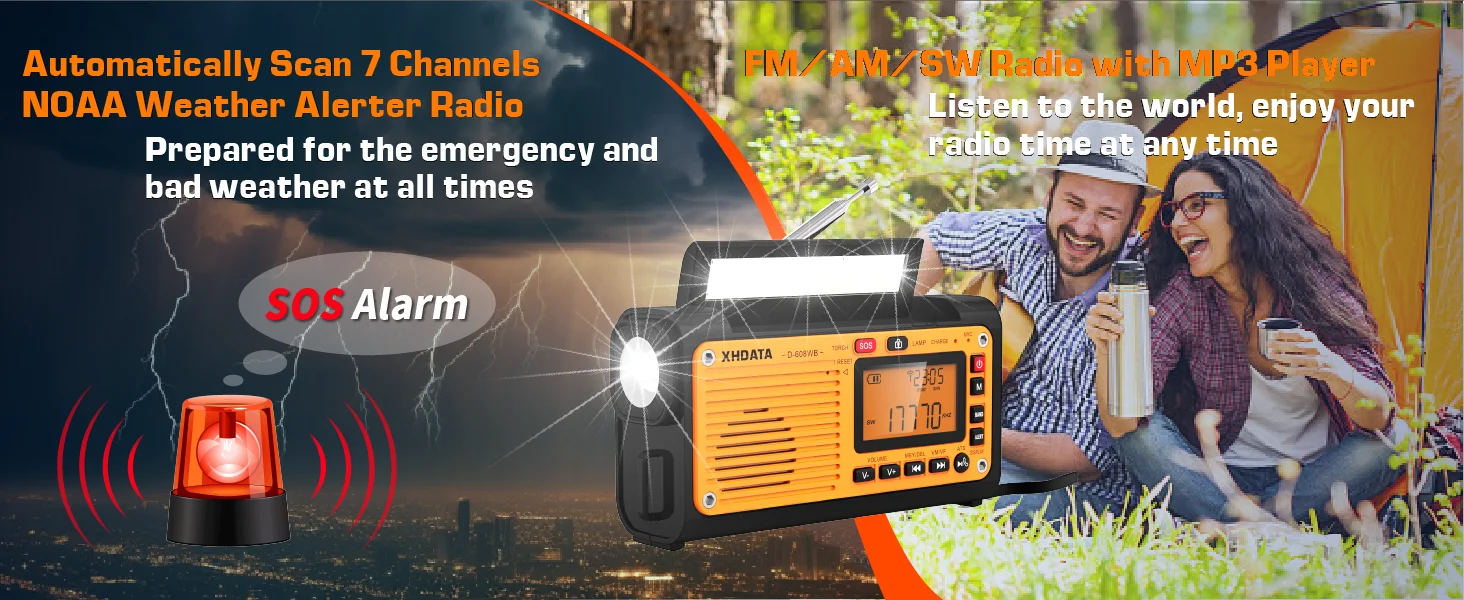 XHDATA D-608WB Emergency Crank Weather Radio — NOAA, Solar & Hand Crank Powered