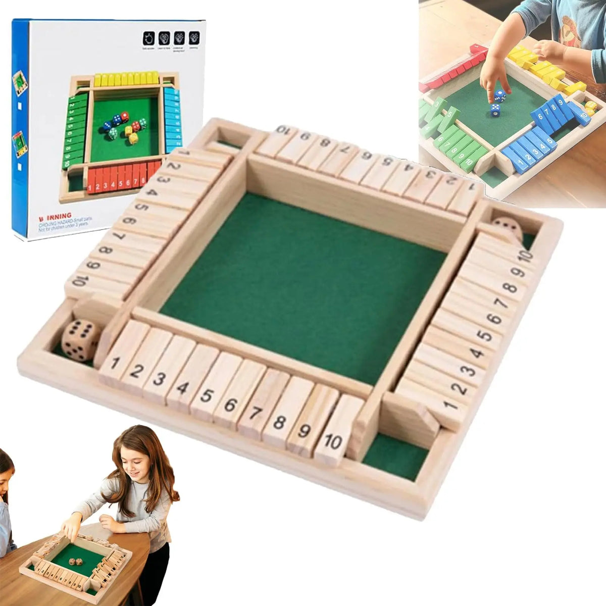 Shut the Box – Wooden Dice Board Game for 2-4 Players, Four-Sided Flip Card Math Game