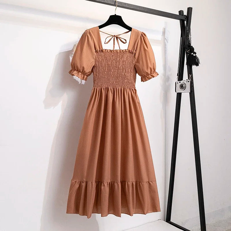 Chiffon A-Line Midi Dress — Elastic Waist Short Sleeve Casual Dress