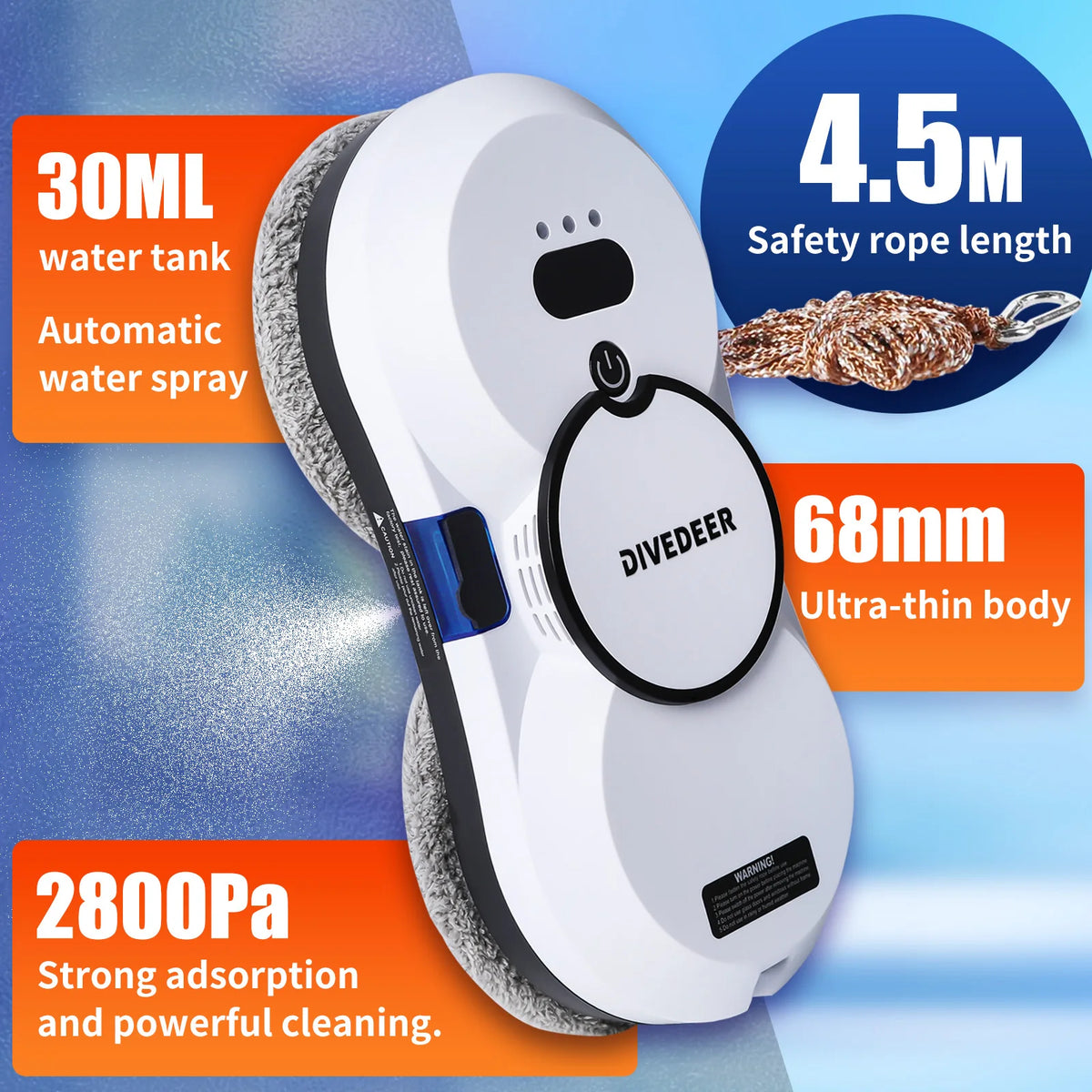 DIVEDEER Window Cleaning Robot – 5600PA Suction, Electric Spray & Fall Prevention Remote Cleaner