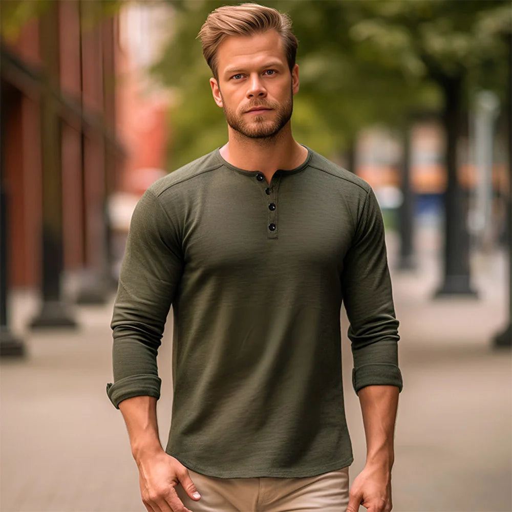 Men's Cotton Slim Fit Long Sleeve T-Shirt — Button Neck Casual Fitness Tee