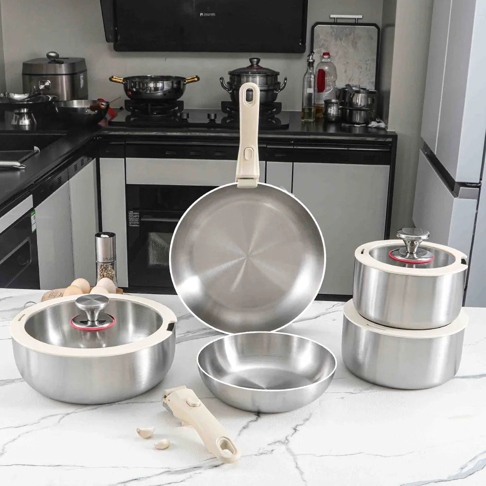 Pot and Cooking Set 316 Stainless Steel Household Full Set Six-Piece Pot Set, Detachable Handle, Uncoated Frying and Frying Wok