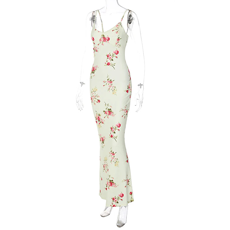 Sexy Y2K Floral Print Sleeveless Backless Bodycon Maxi Dress – Club Birthday & Party Dress