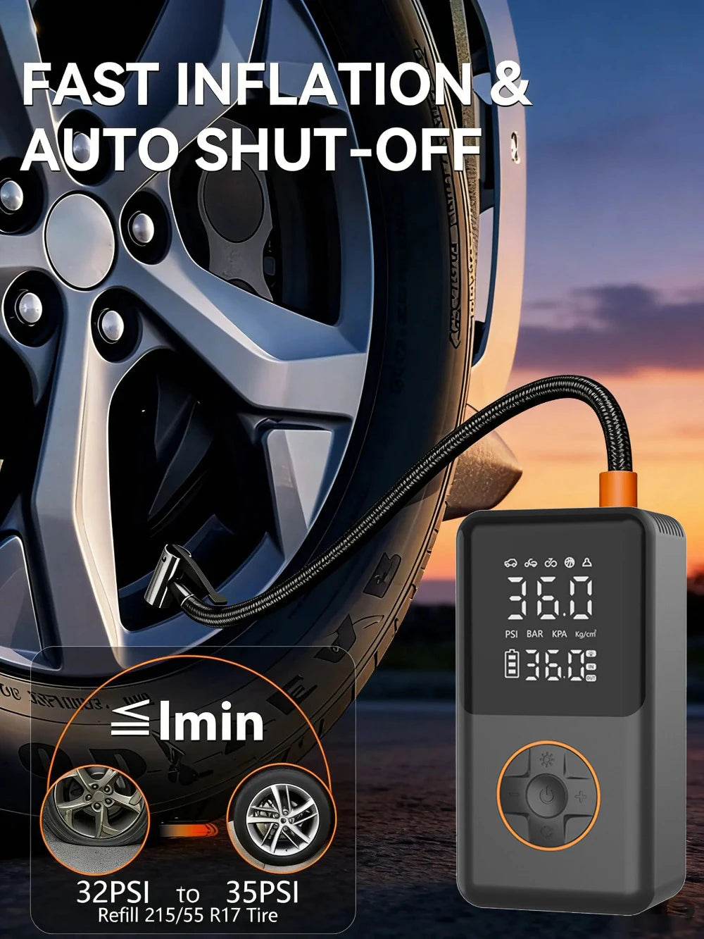 Cordless Tire Inflator with Gauge and LED Light, 150 PSI