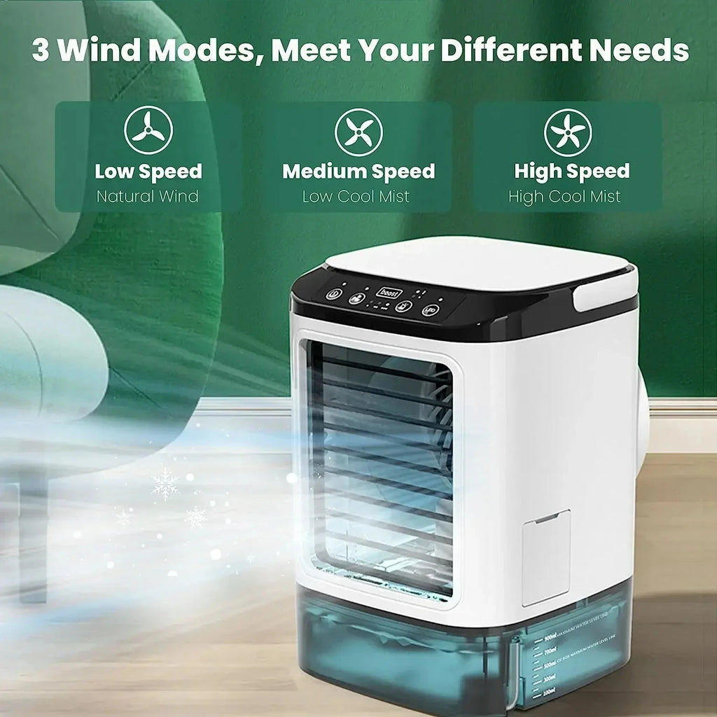 Portable Air Conditioner Fan — 3-Speed Mini AC Unit with 900ML Water Tank & Humidifier for Bedroom & Office