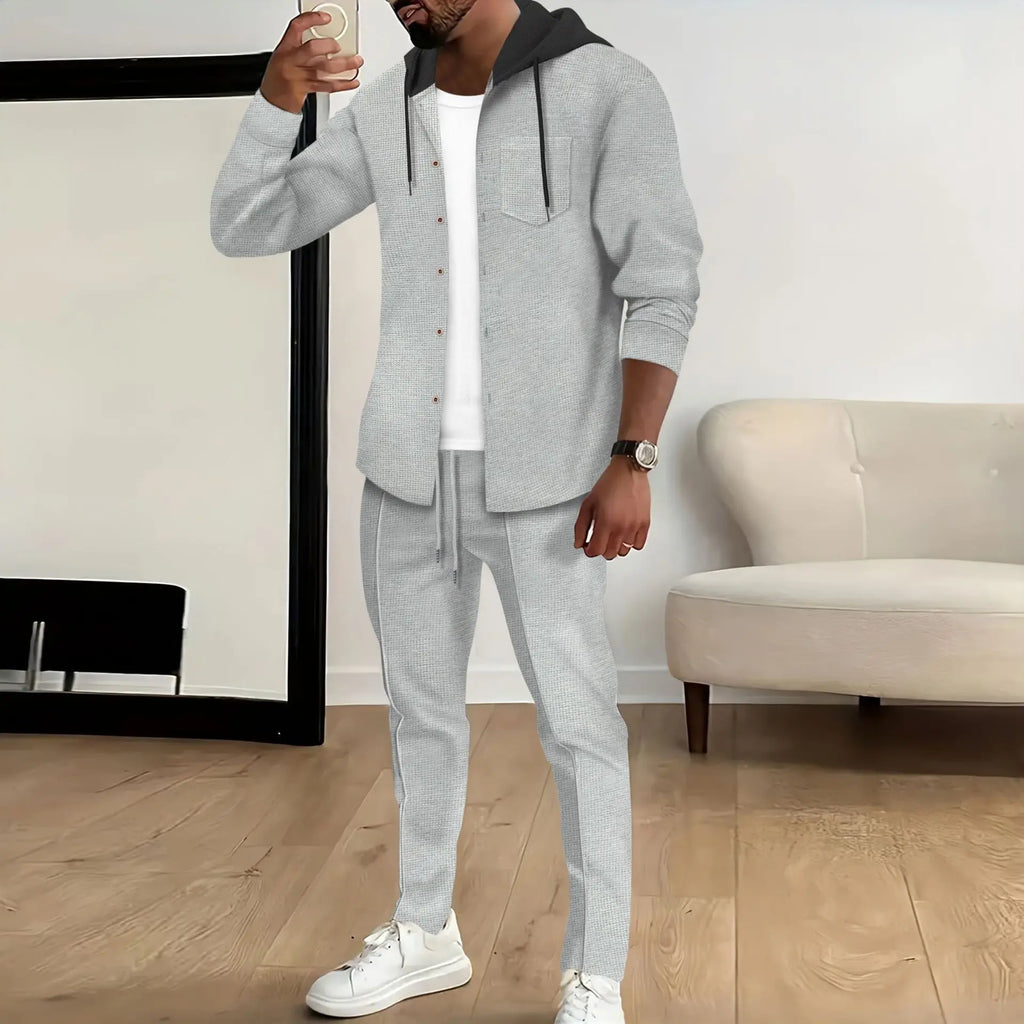 Men's Waffle Knit Slim-Fit Hooded Cardigan & Pants Tracksuit