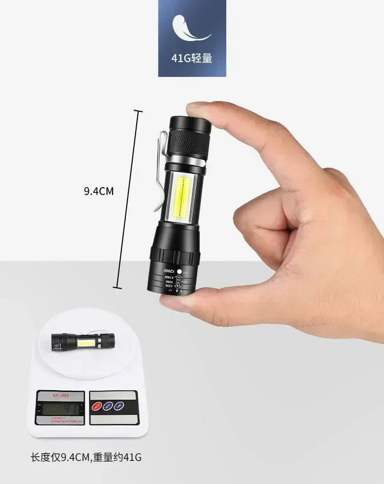 USB Rechargeable Mini COB+XPE Flashlight – Zoomable, 3-Mode, Pen Clip, 350 Lumen Camping Torch