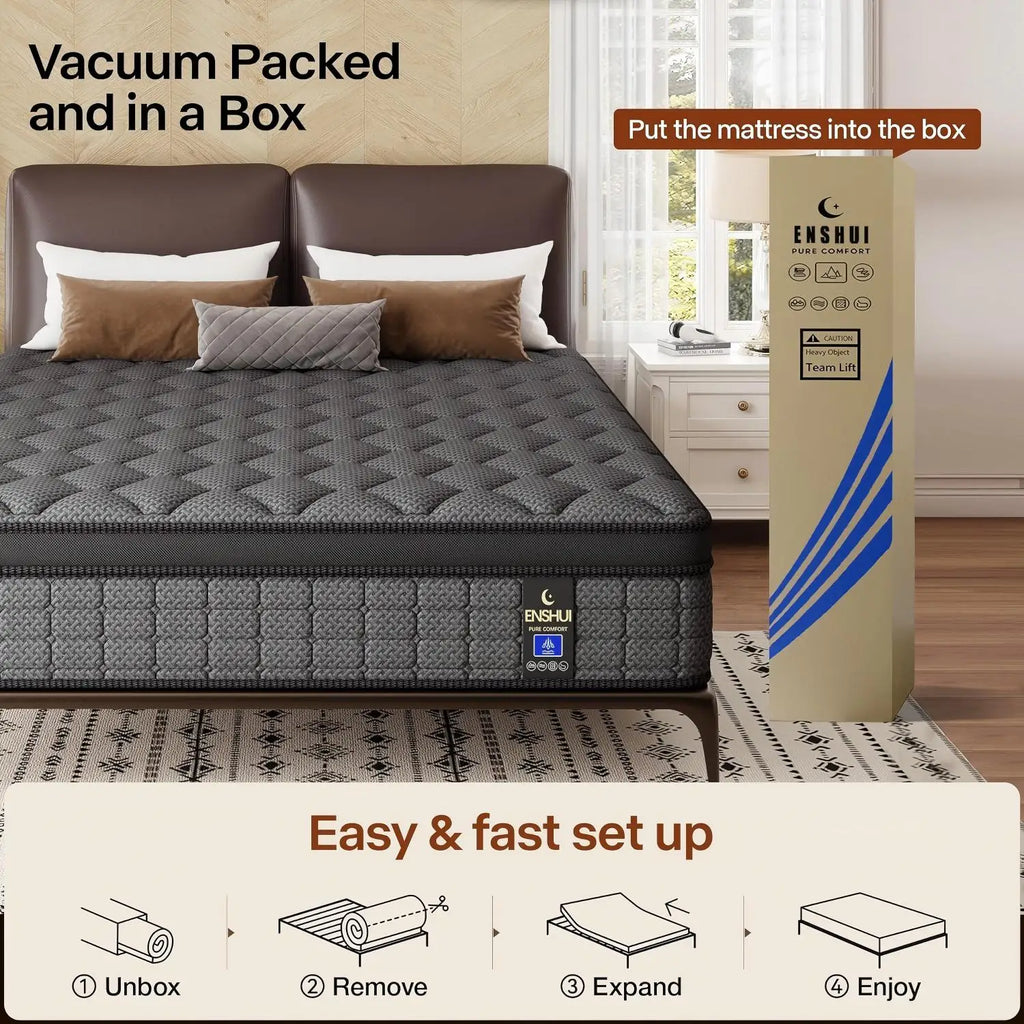 12"/14" Gel Memory Foam Hybrid Mattress – Pocket Innerspring Euro Top, Medium Firm, Twin to King