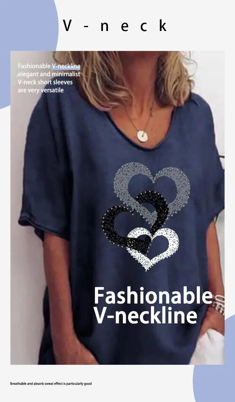 Women's 3D Flower Print V-Neck T-Shirt – Kawaii Oversized Summer Top & Blouse