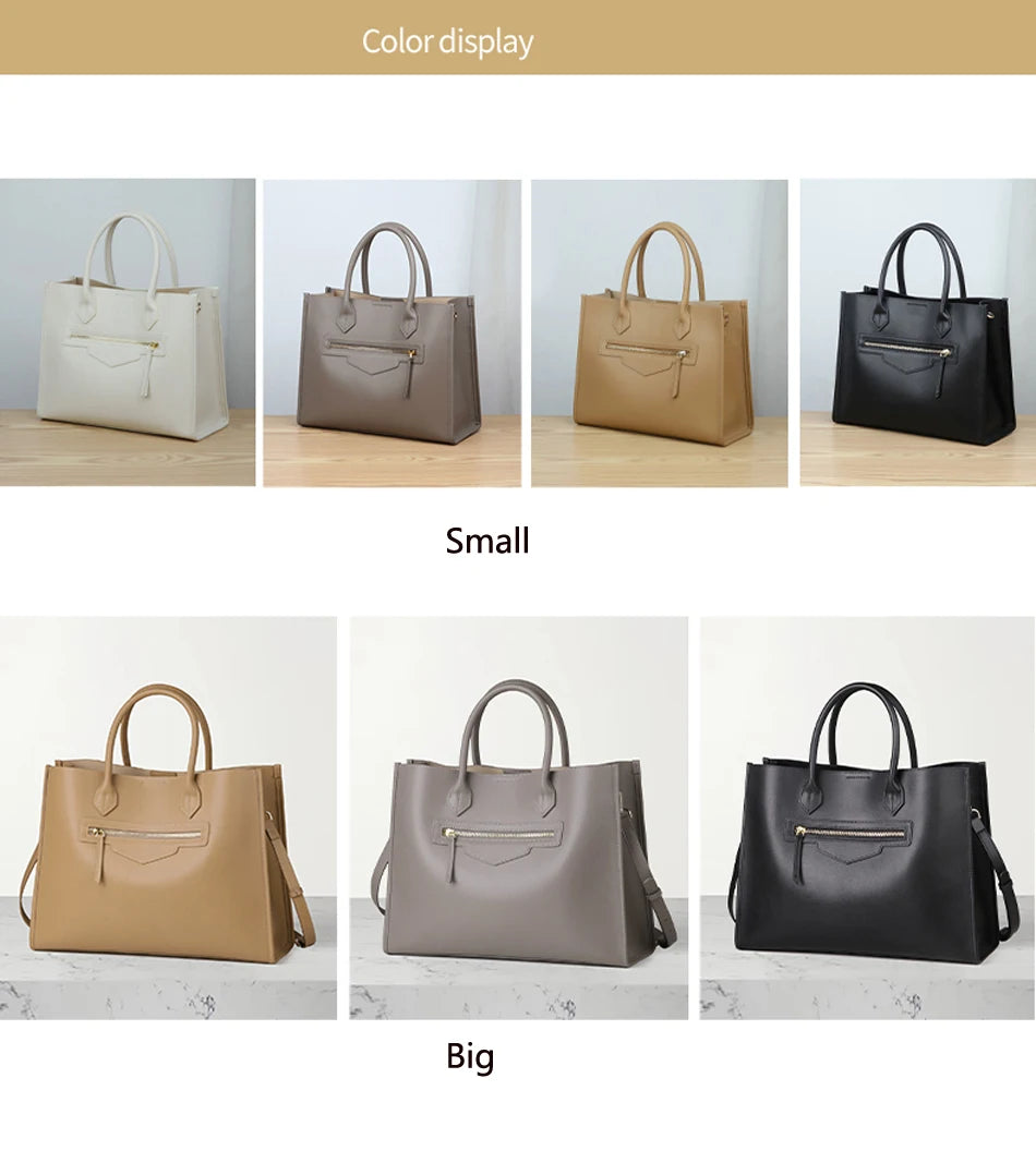 Luxury Cowhide Leather Tote Bag – Large Capacity Shoulder Bag with Laptop Compartment for Women