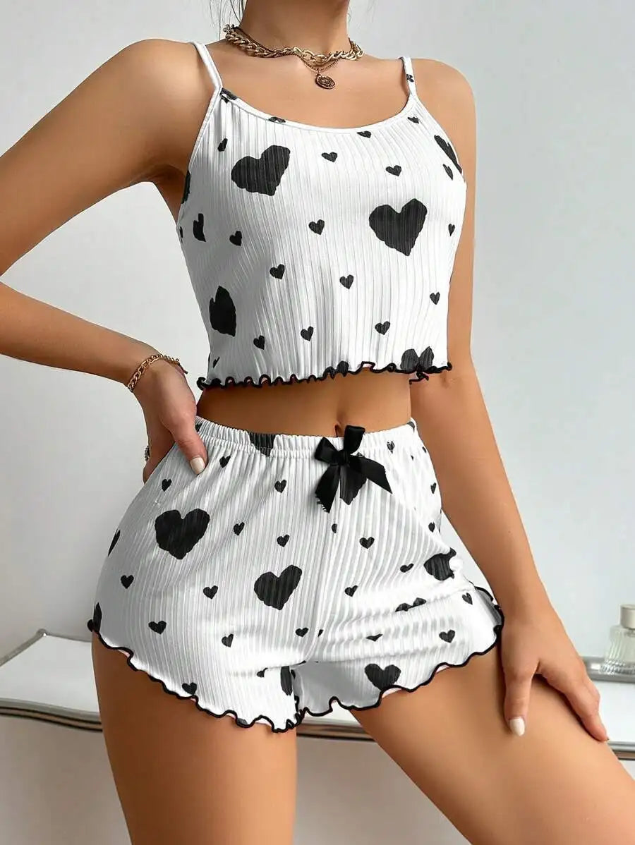 Women's Kawaii Y2K Lolita Heart Silk Pajama Set | Cami Top & Shorts Loungewear