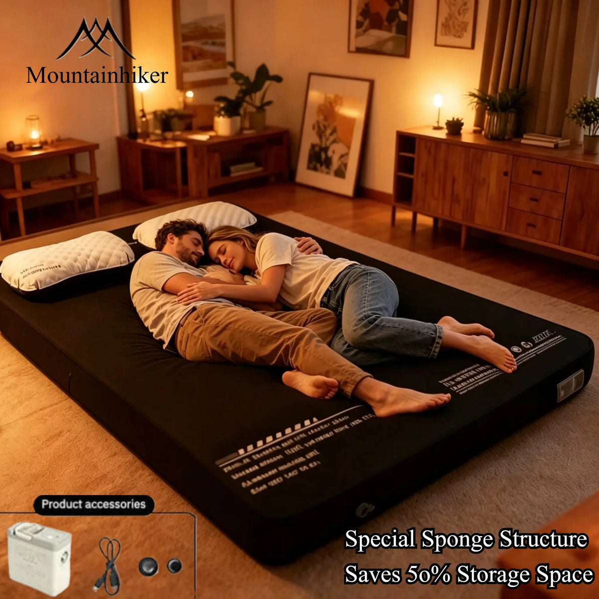 Thickened Sponge Camping Mattress – Portable Outdoor Pad with Integrated Air Pump, Self-Inflating