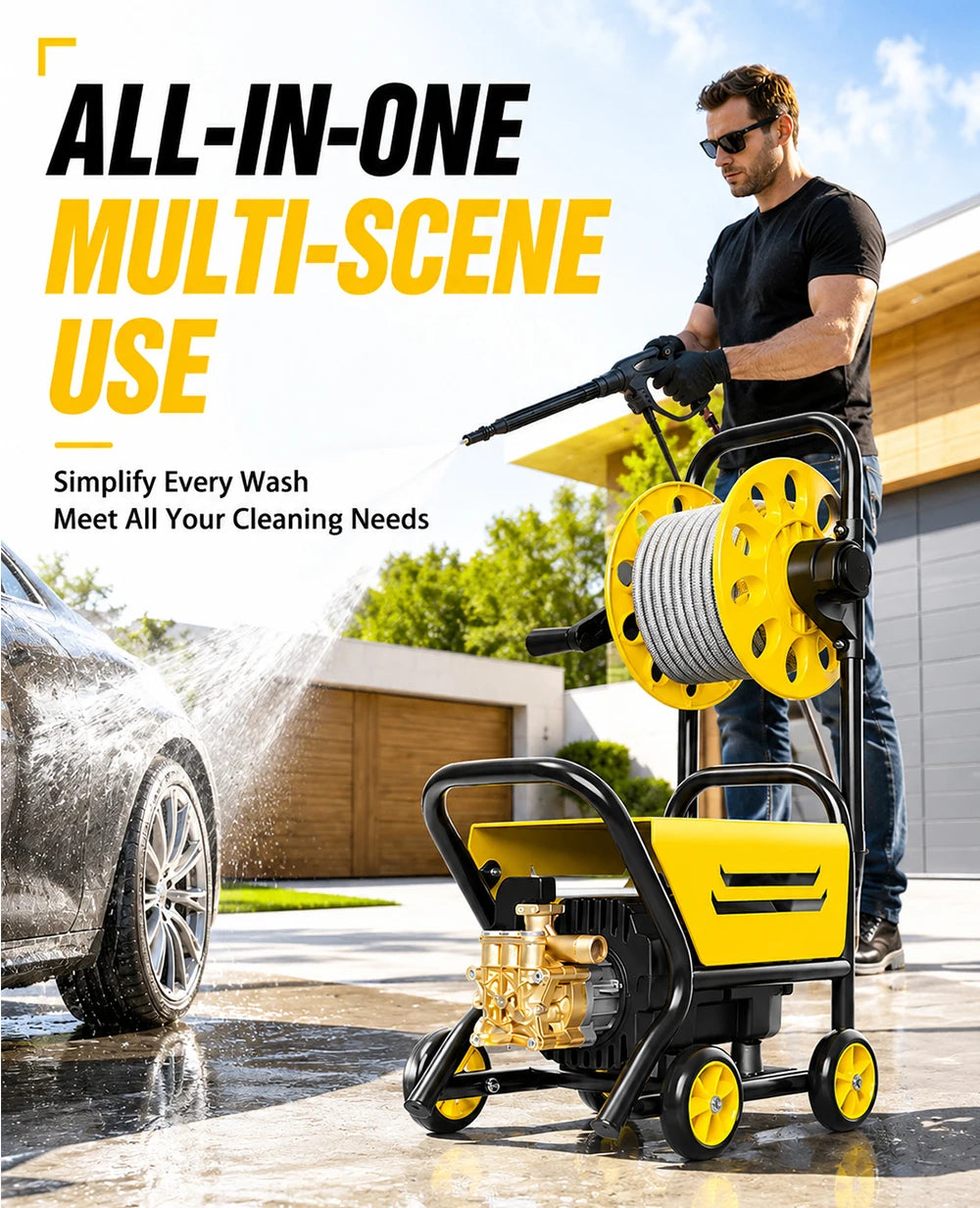 220V Household High Pressure Car Washer Portable Boost Water Gun with Roller Mobile Cleaning Machine for Car Yard Washing