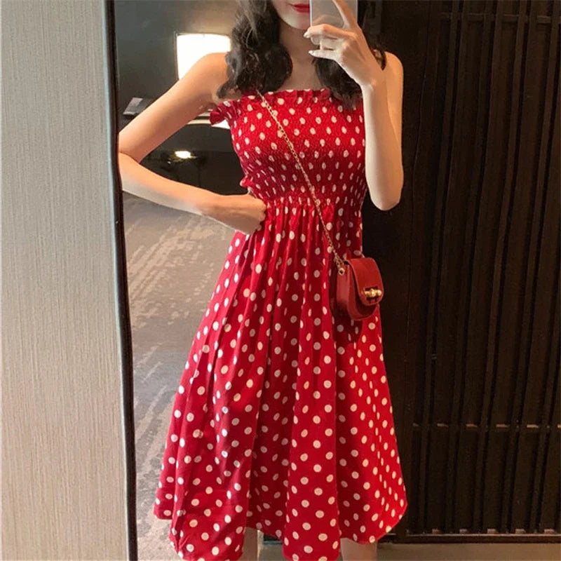 Polka Dot Square Neck Chiffon Maxi Dress — Sleeveless Elegant Long Dress