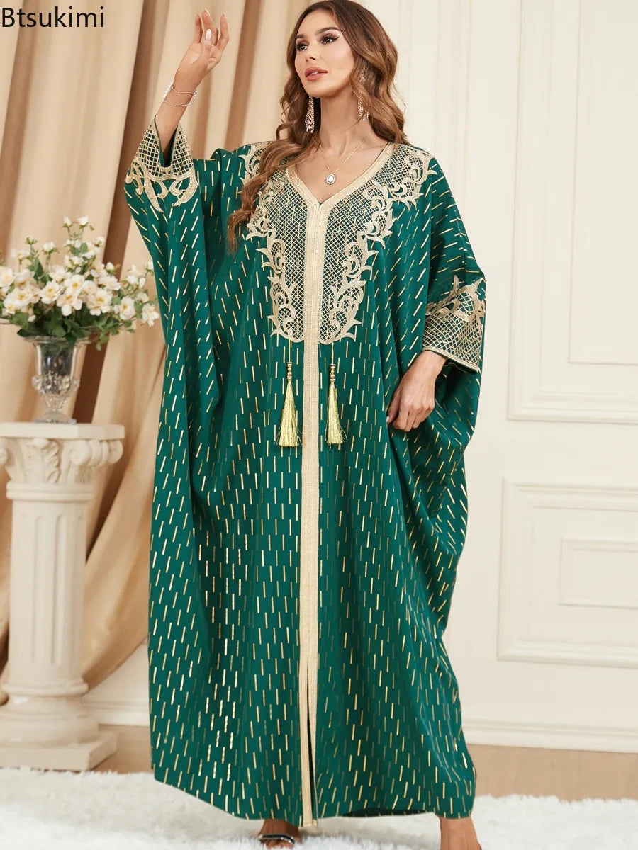 Muslim Abaya Bat Sleeve V-Neck Tassel Evening Dress — Loose Elegant Dubai Maxi Robe