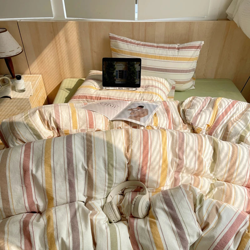 100% Cotton Stripe Bedding Set – Duvet Cover with Pillowcases, Twin to King