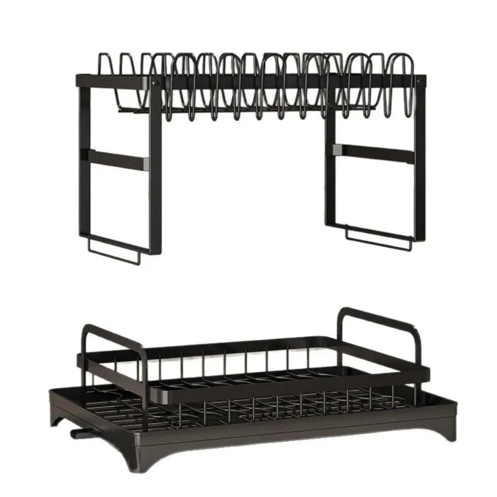 2-Tier 360° Rotating Dish Drying Rack — No-Drill Metal Kitchen Organizer with Utensil Holder & Drainboard