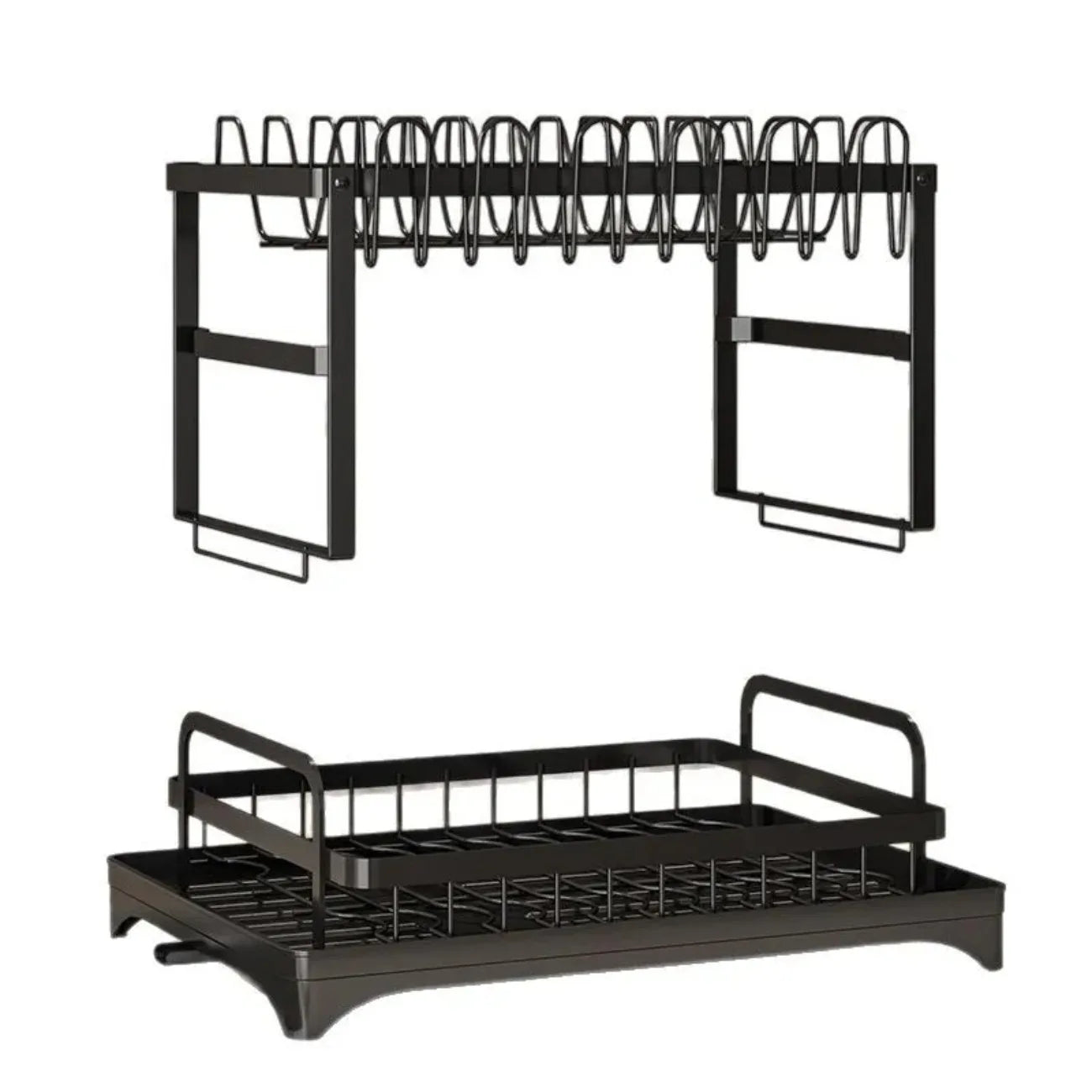 2-Tier 360° Rotating Dish Drying Rack — No-Drill Metal Kitchen Organizer with Utensil Holder & Drainboard