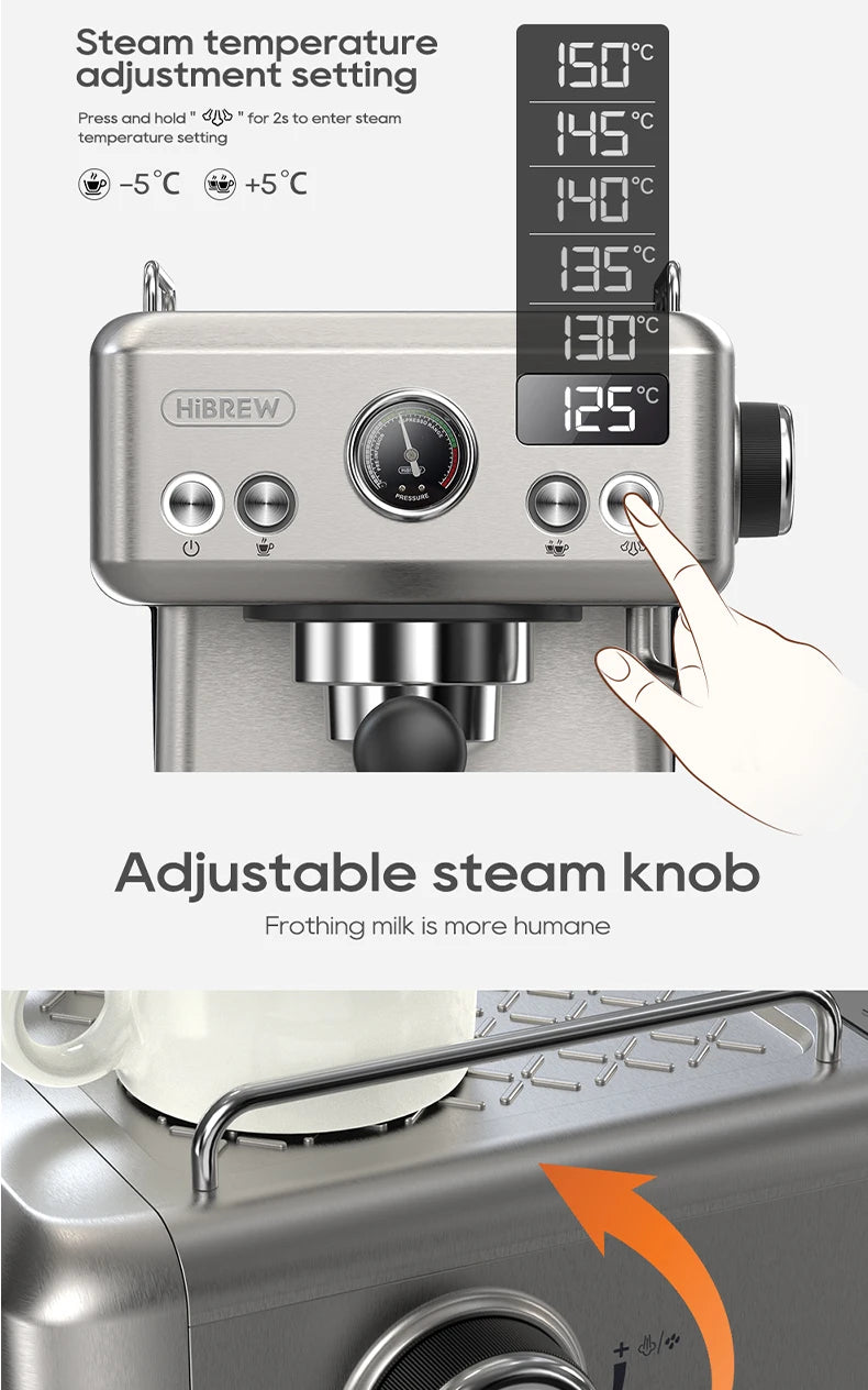 HiBREW H10A 20-Bar Semi-Automatic Espresso Machine | 58mm Portafilter, Temperature Control, Stainless Steel