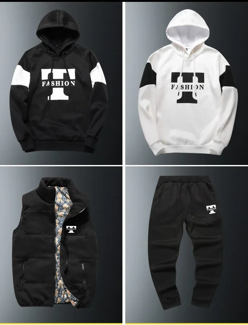 Men's 3-Piece Winter Tracksuit – Hoodie, Vest & Pants Thick Warm Set