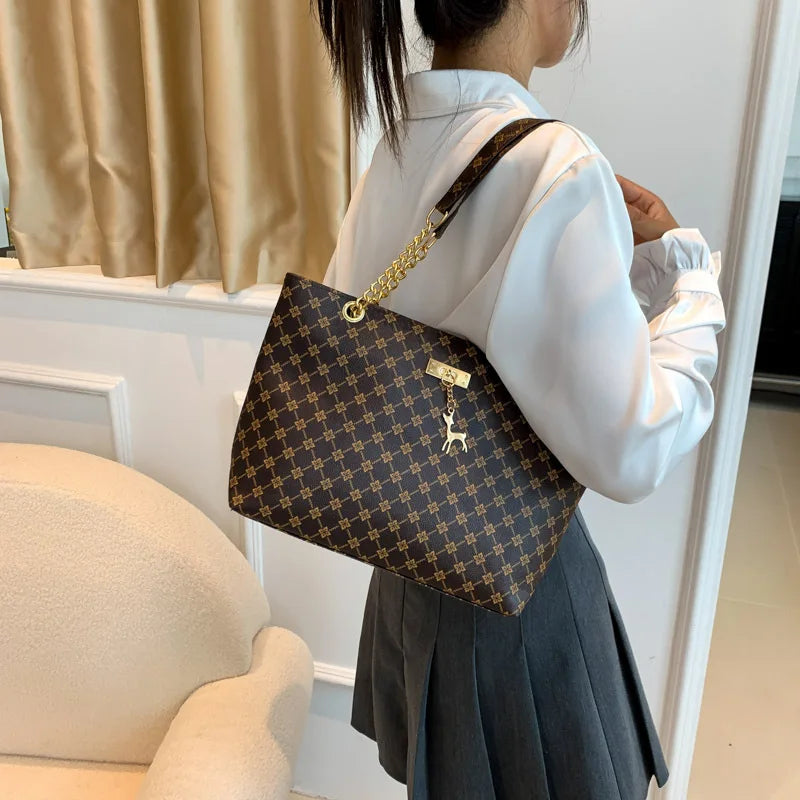 Soft Leather Large Capacity Tote Bag – Women's Shoulder Bag with Hanging Accessories
