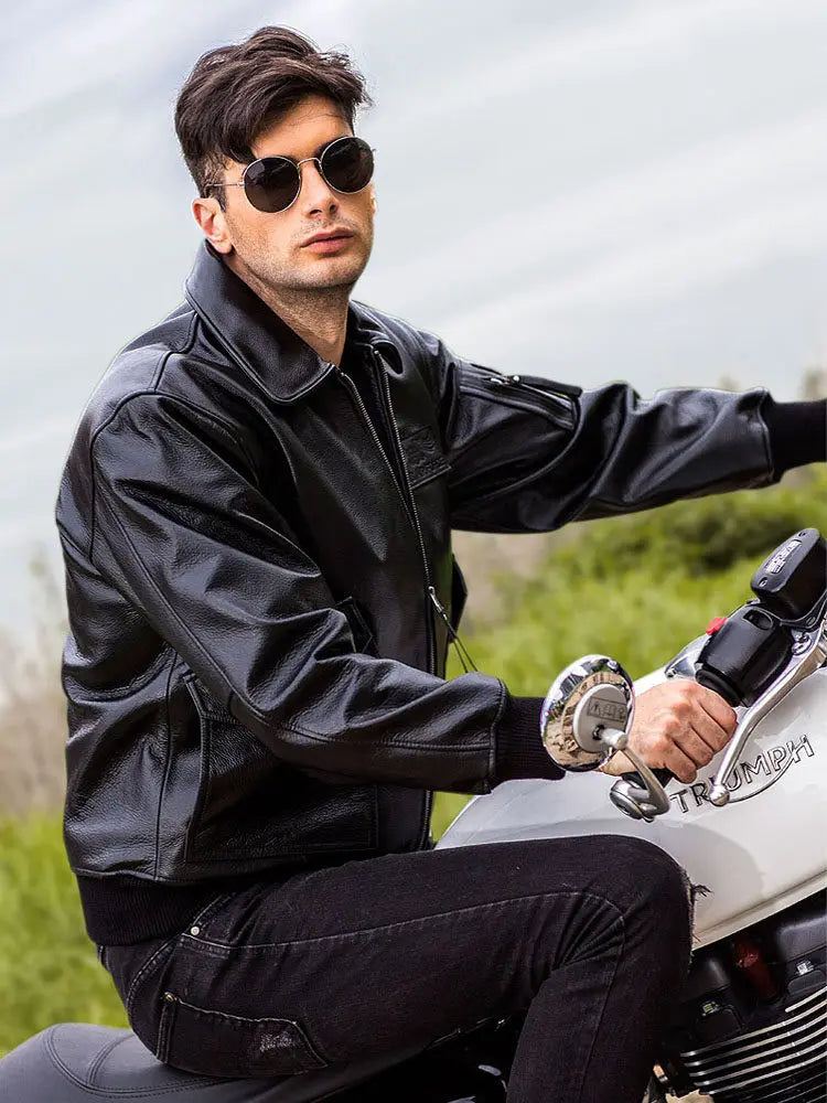 Men's Black Glossy Genuine Cowhide MA-1 Flight Jacket — Military Bomber with Point Collar