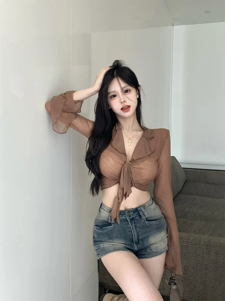 Women's Long Flare Sleeve Blouse – Lace-Up Mesh Korean Fashion Elegant Casual Solid Top