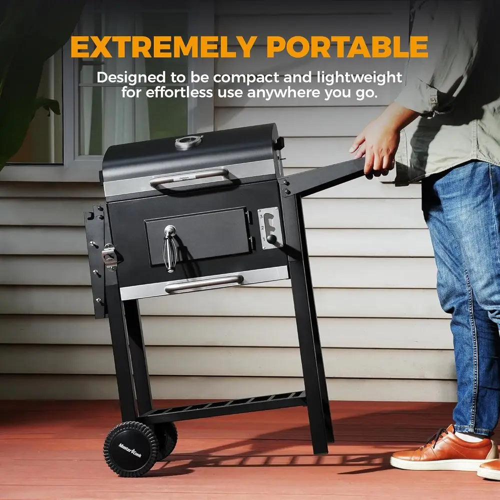Portable Outdoor BBQ Grill | 353 Sq. In., Foldable Side Tables, 3-Level Charcoal Tray, 360° Wheels, Removable Ash Collector