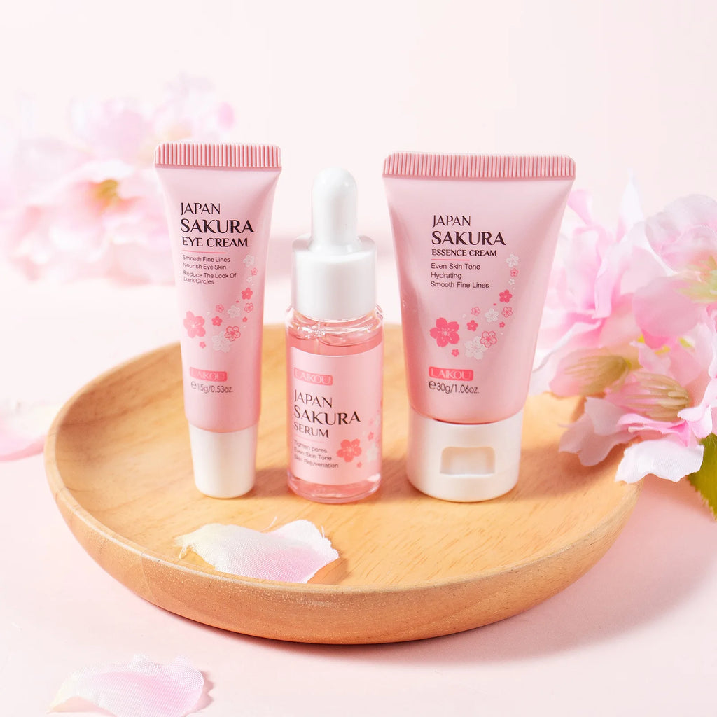 LAIKOU Sakura Skincare Gift Set – Brightening Serum, Eye Cream & Essence Cream 3-Piece Box