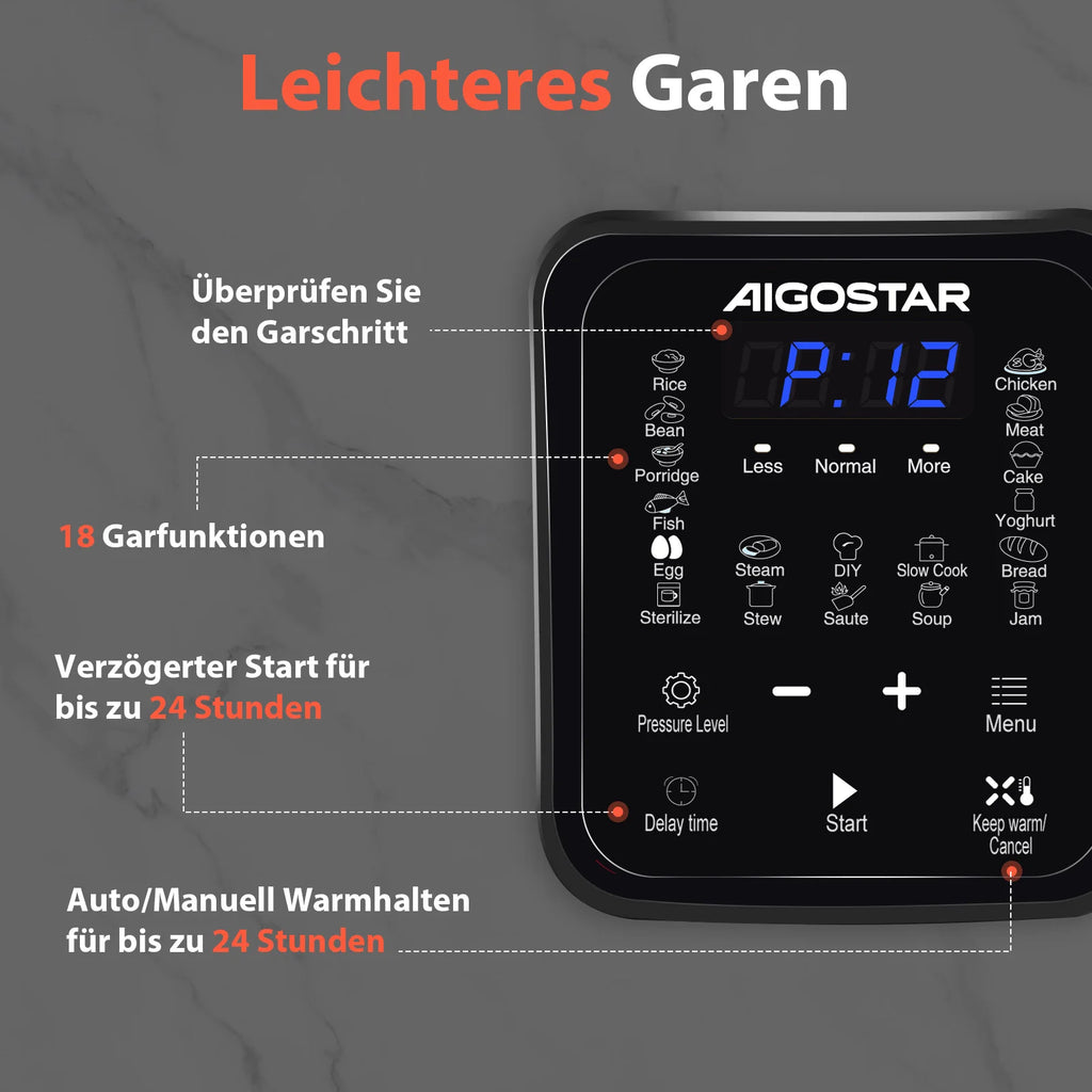 Aigostar 6L 18-in-1 Electric Pressure Cooker – Non-Stick, Keep Warm, Digital Touchscreen, 1000W