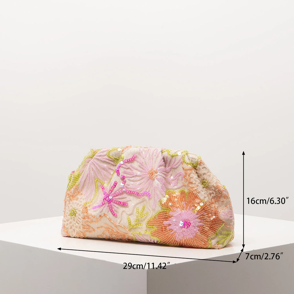 Sequin Floral Embroidery Clutch Bag – Gala Night Party Prom Wedding Evening Bag for Women