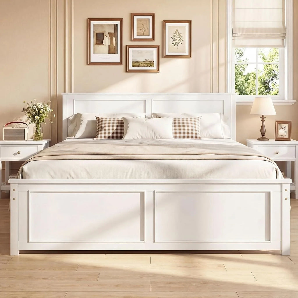 Farmhouse Solid Wood Full Size Bed Frame with Headboard – Platform Bed, Wooden Slat Support, No Box Spring Needed